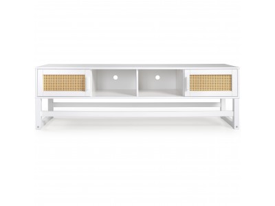 Rack para tv com portas de palhinha indiana na cor branco laca | Coleção Blanco Acapulco